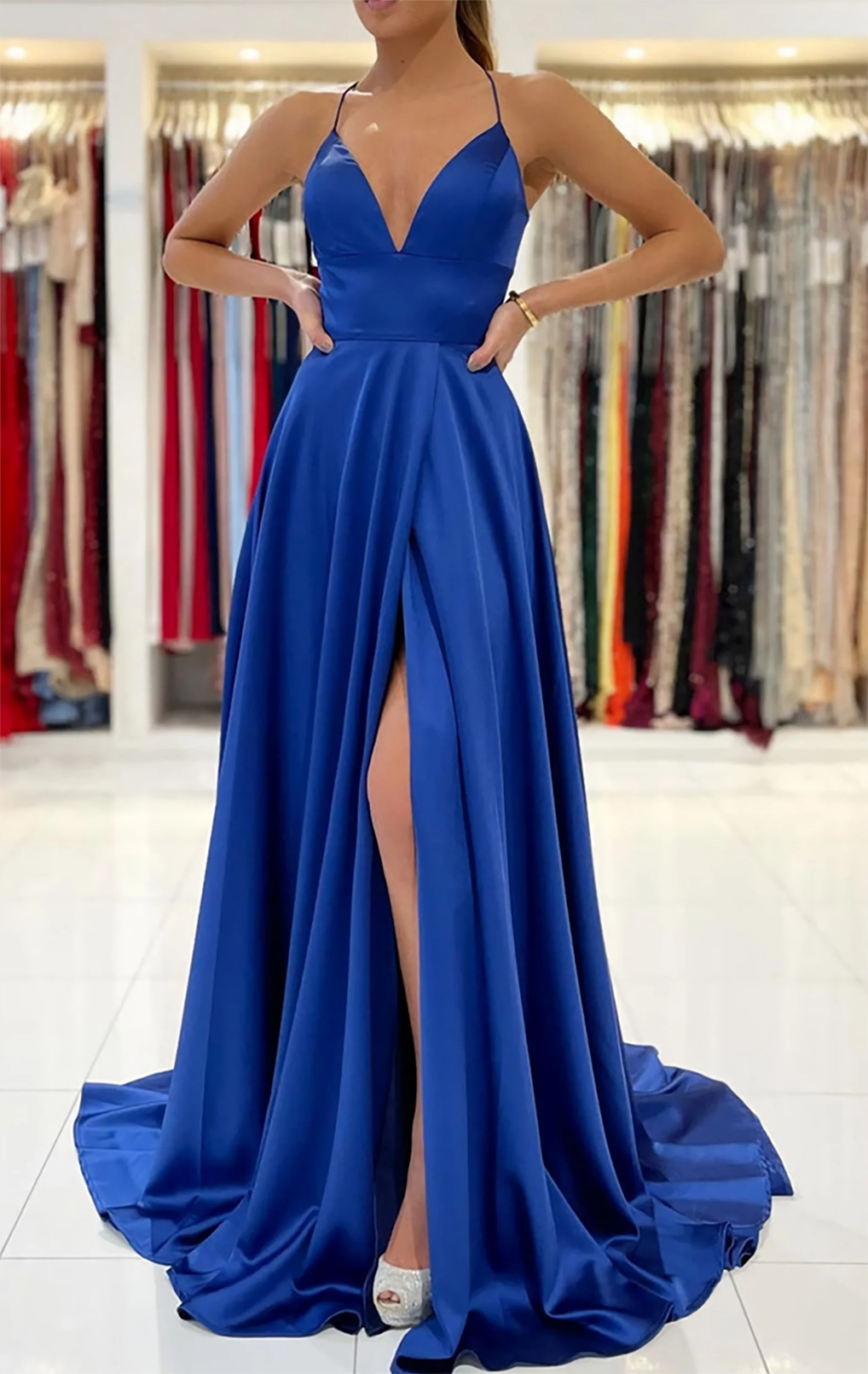 Women Satin Slit Prom Dresses Long V-Neck Evening Gowns Formal Party Dress YPD545