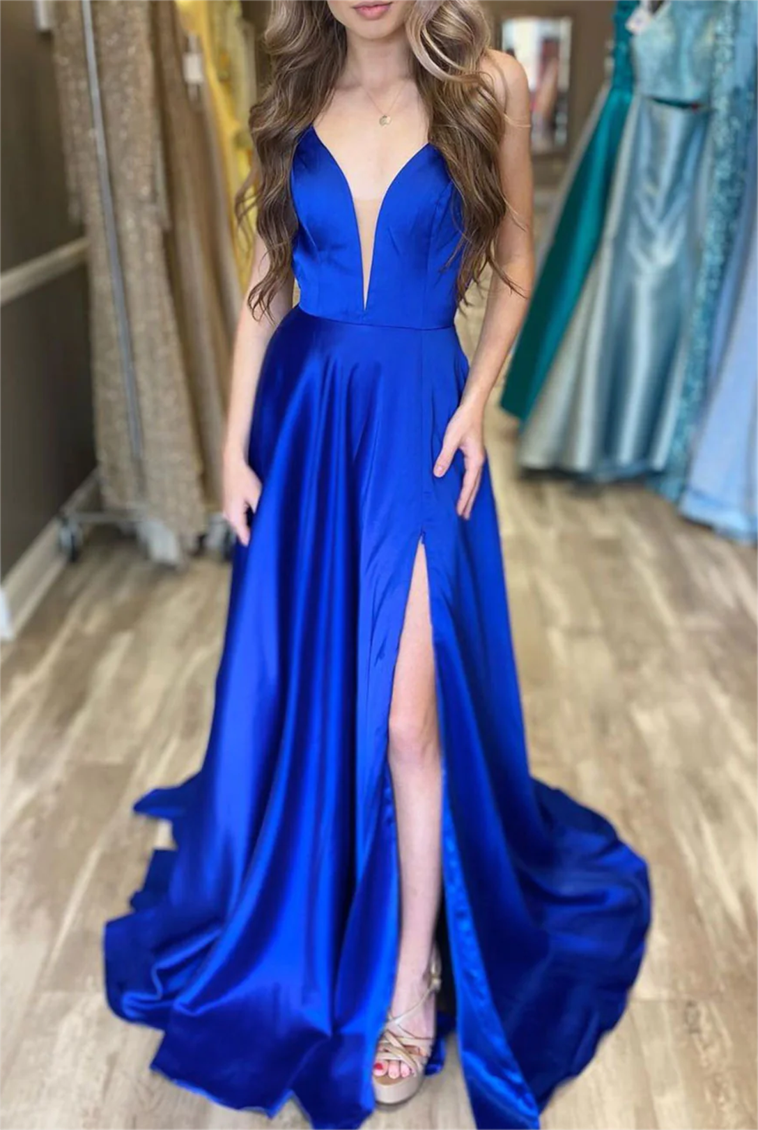 Women V-Neck Prom Dresses Long Side Split Evening Gowns Formal Party Dress YPD480