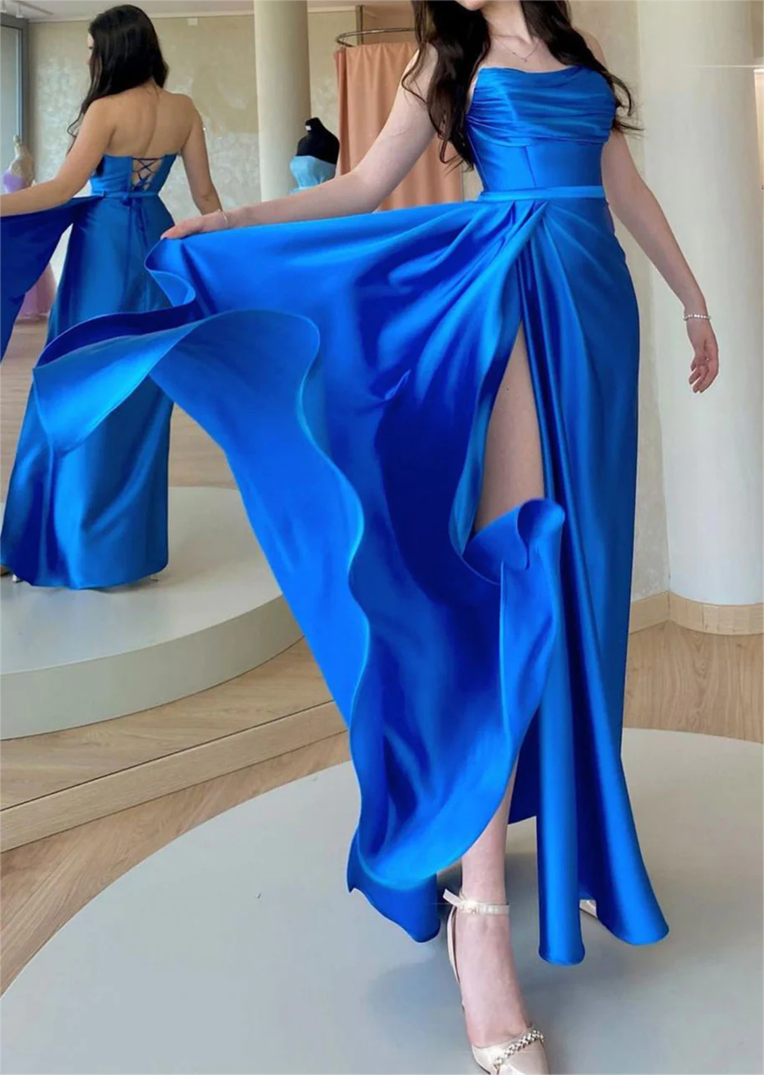 Women Satin Prom Dresses Long Side Split Evening Gowns Formal Party Dress YPD476