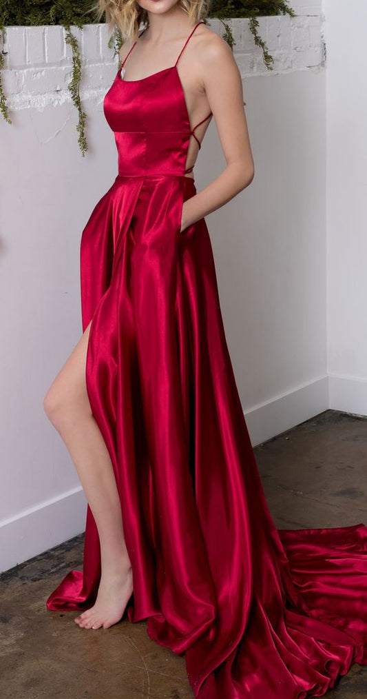 Women Side Slit Prom Dresses Long Satin Evening Party Dress YPD177