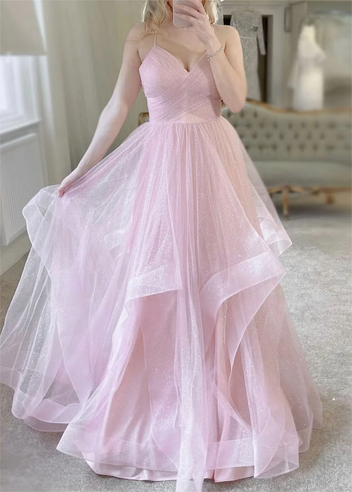 Women Tulle Prom Dresses Long V-Neck Evening Gowns Formal Party Dress YPD500
