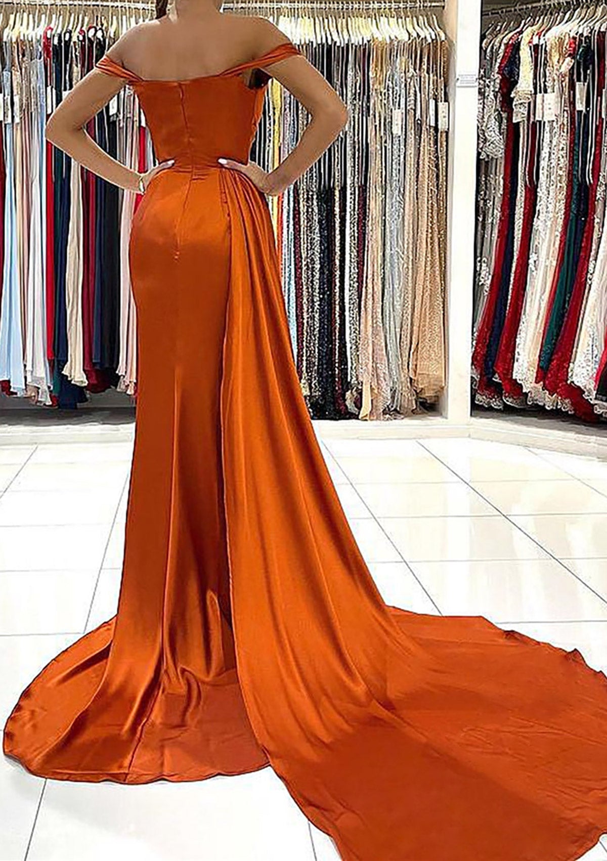 Women Off-the-Shoulder Prom Dress Long Side Slit Evening Gowns Satin Party Dress YPD796