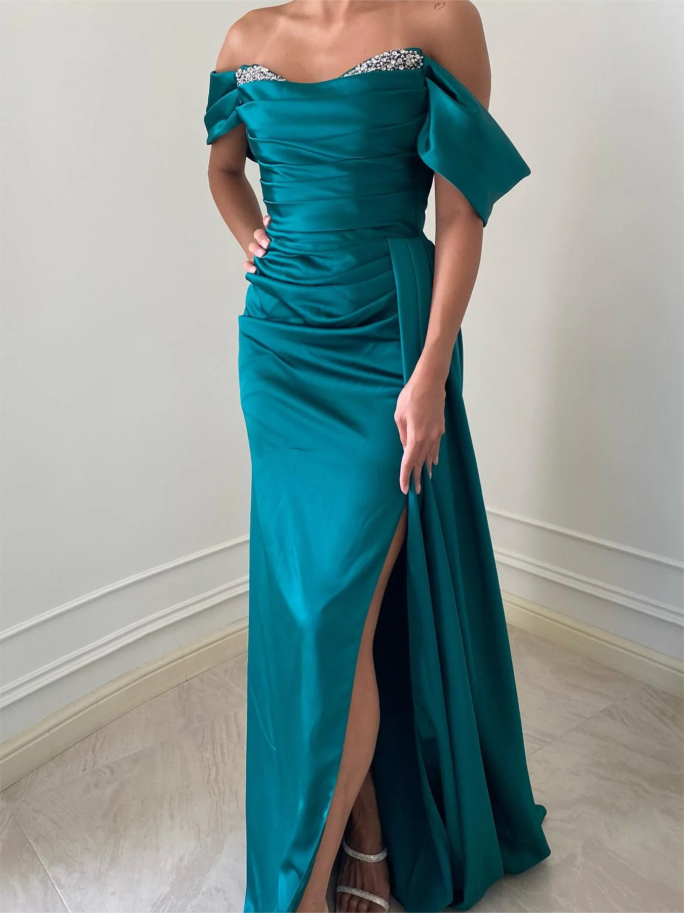 Women Off-The-Shoulder Prom Dresses Long Side Slit Evening Gowns Beaded Formal Party Dress YPD731