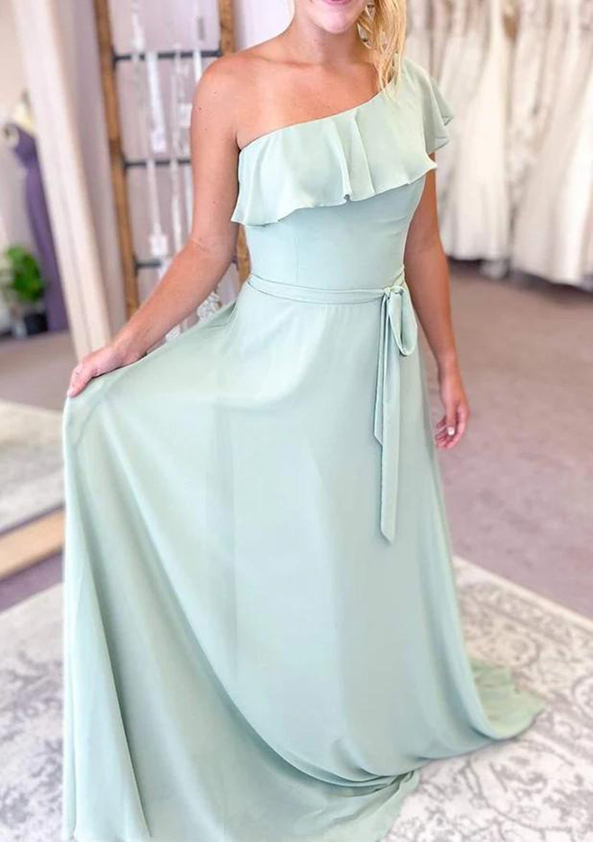 Women One Shoulder Bridesmaid Dress Long Simple Prom Gowns Fashion Wedding Party Dress YBD026