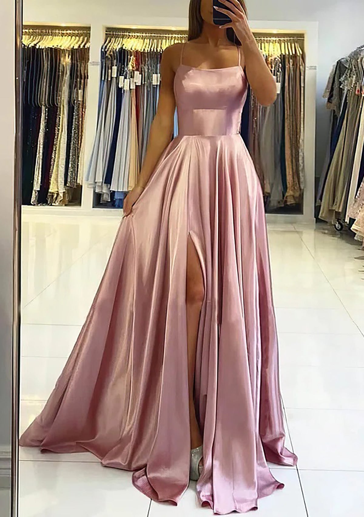 Women Spaghetti Straps Prom Dress Long Side Slit Evening Gowns Fashion Open Back Formal Party Dress YPD760