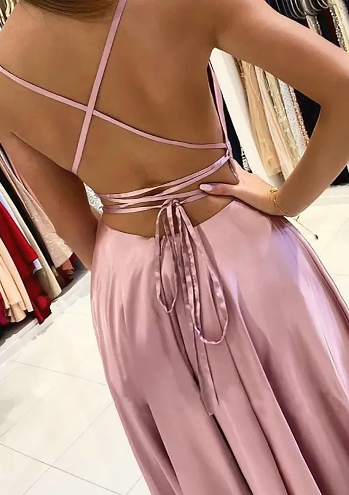 Women Spaghetti Straps Prom Dress Long Side Slit Evening Gowns Fashion Open Back Formal Party Dress YPD760