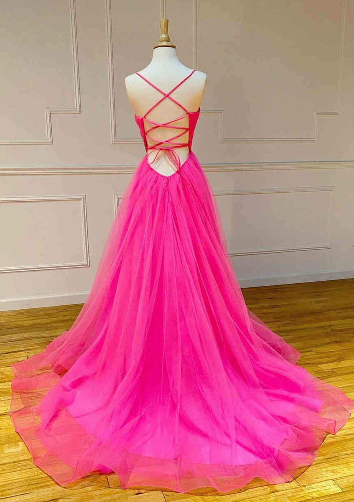 Women Open Back Prom Dress Long Spaghetti Straps Evening Gowns Tulle Formal Party Dress YPD801