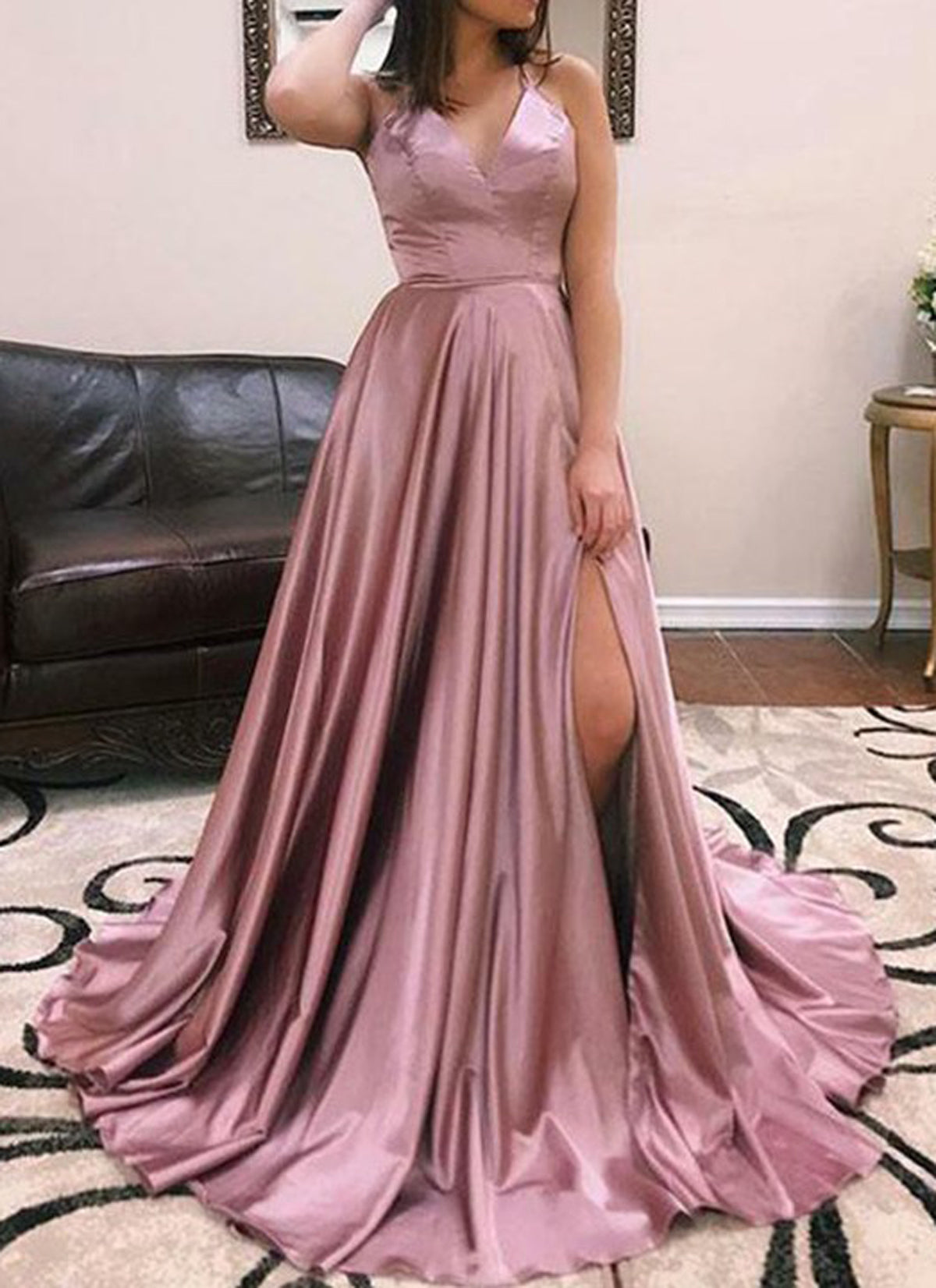 Women High Side Slit Prom Dress Long Spaghetti Straps Evening Gowns Fashion Open Back Party Dress YPD853