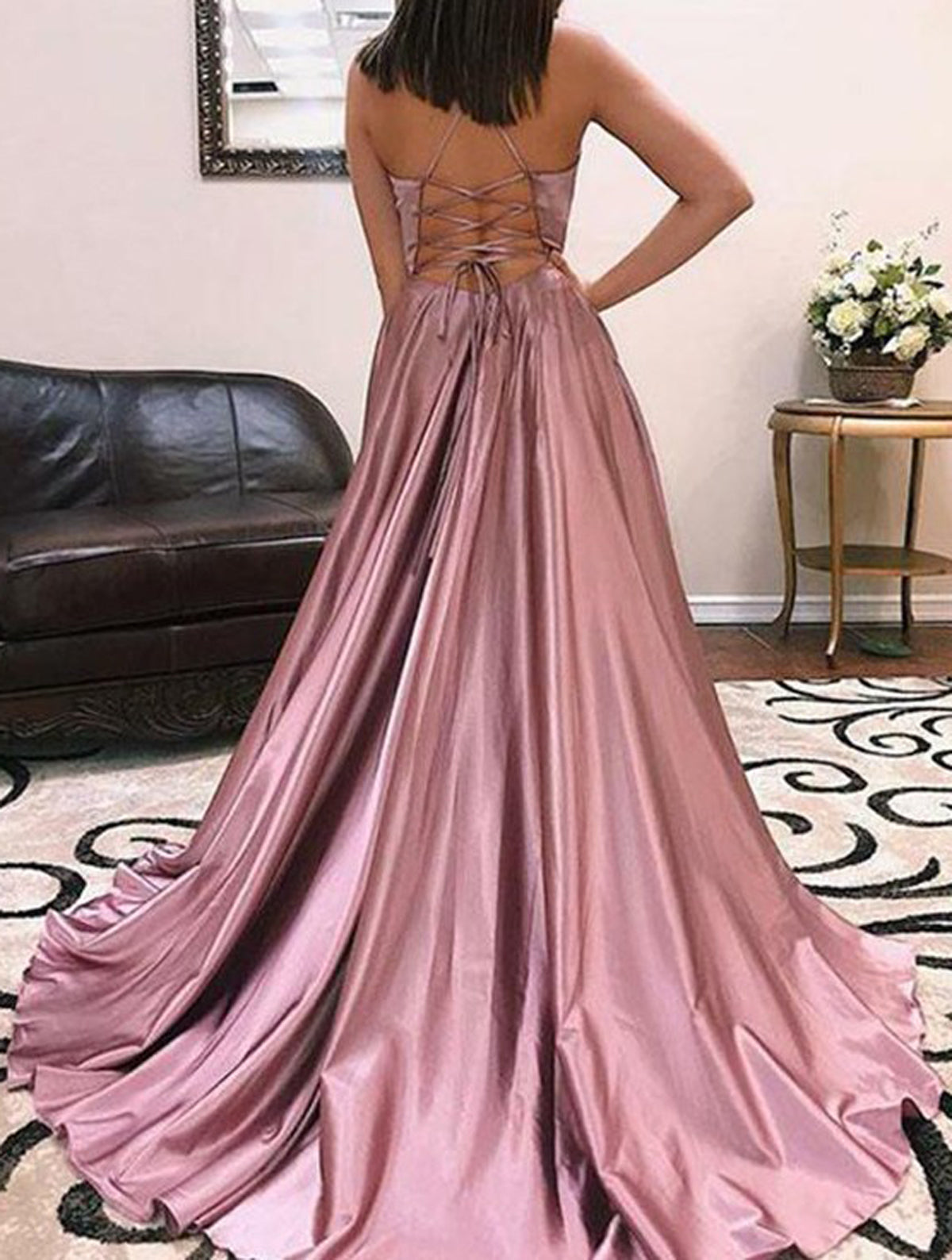 Women High Side Slit Prom Dress Long Spaghetti Straps Evening Gowns Fashion Open Back Party Dress YPD853