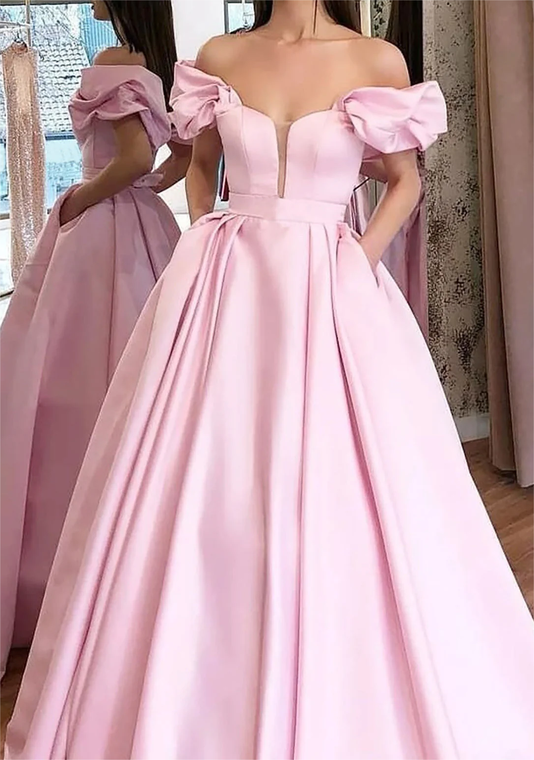 Women Off-The-Shoulder Prom Ball Gown Long Satin Evening Gowns Fashion Formal Party Dress YPD733