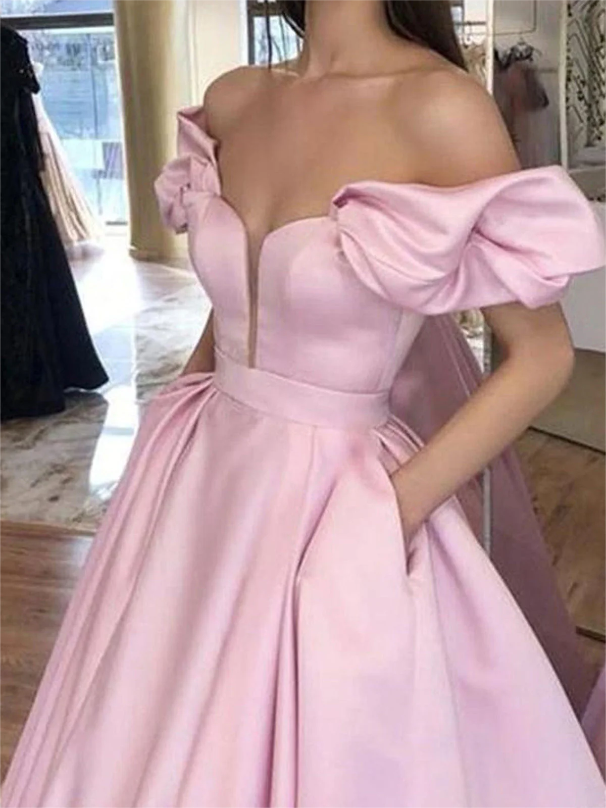 Women Off-The-Shoulder Prom Ball Gown Long Satin Evening Gowns Fashion Formal Party Dress YPD733