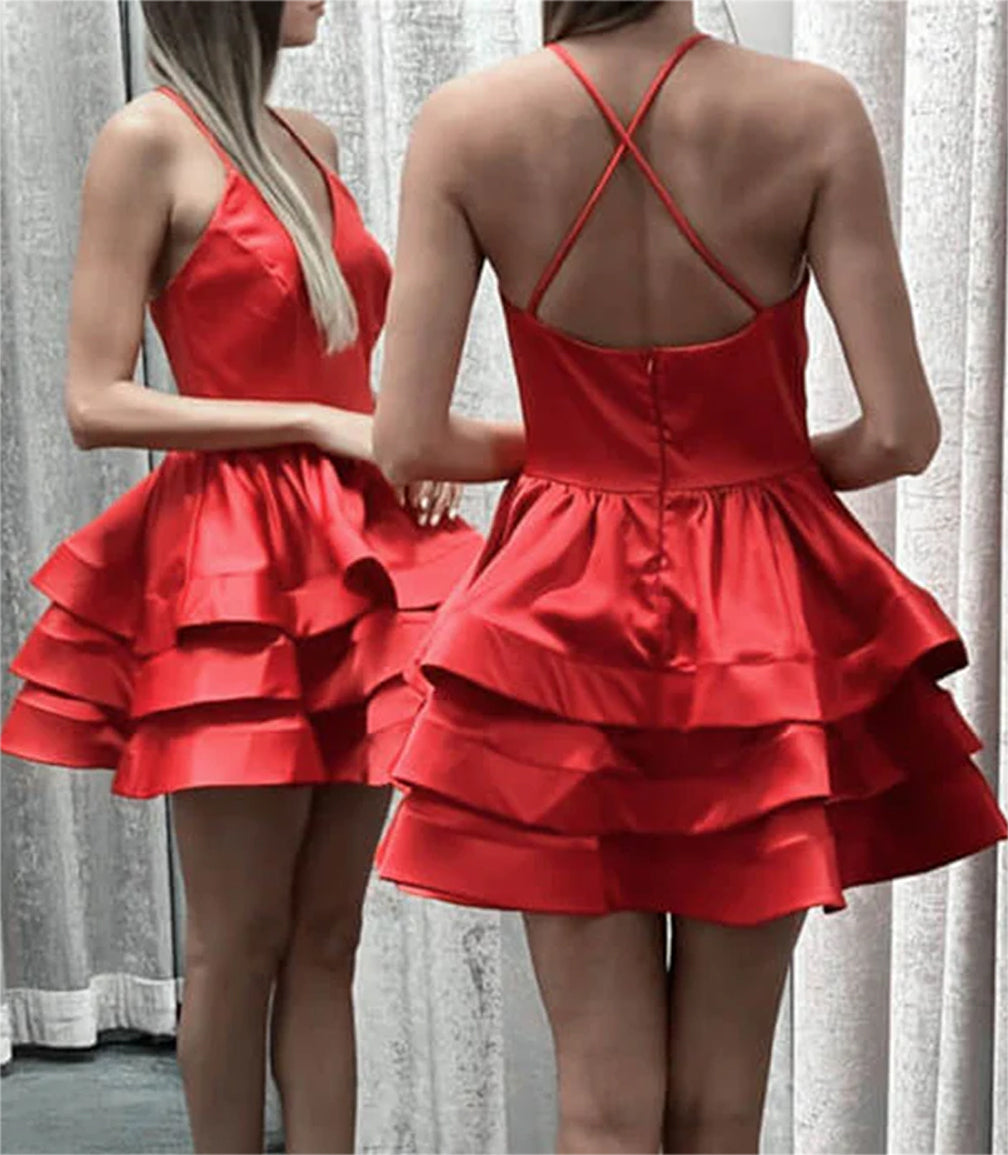 Women V-Neck Homecoming Dresses Mini Girls Satin Cocktail Party Gowns YHD349