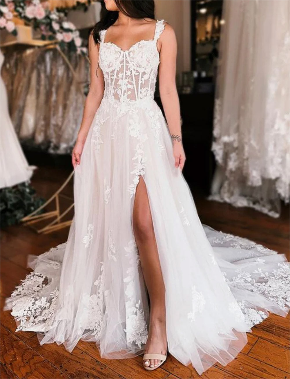 Women A-Line Slit Lace Prom Dresses Long Off Shoulder Appliques Evening Gowns Sleeveless Formal Party Dress YPD666