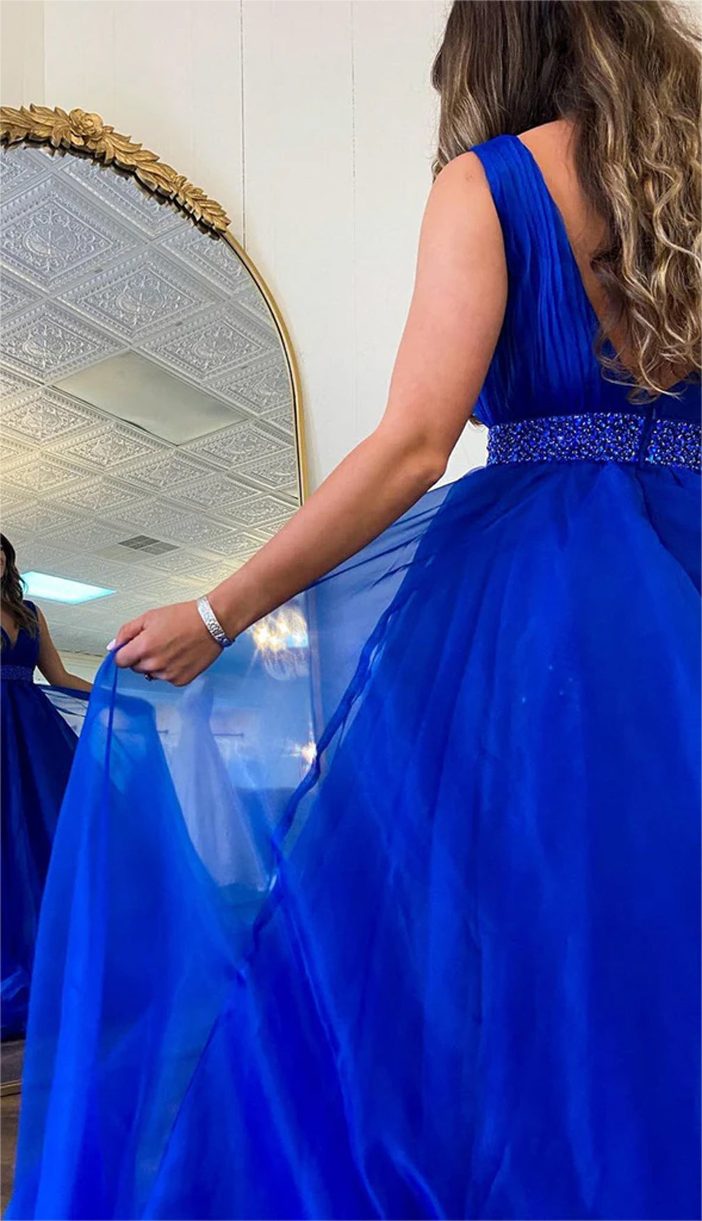Women A-Line V-Neck Prom Dresses Long Beads Evening Gowns Sleeveless Formal Party Dress YPD690