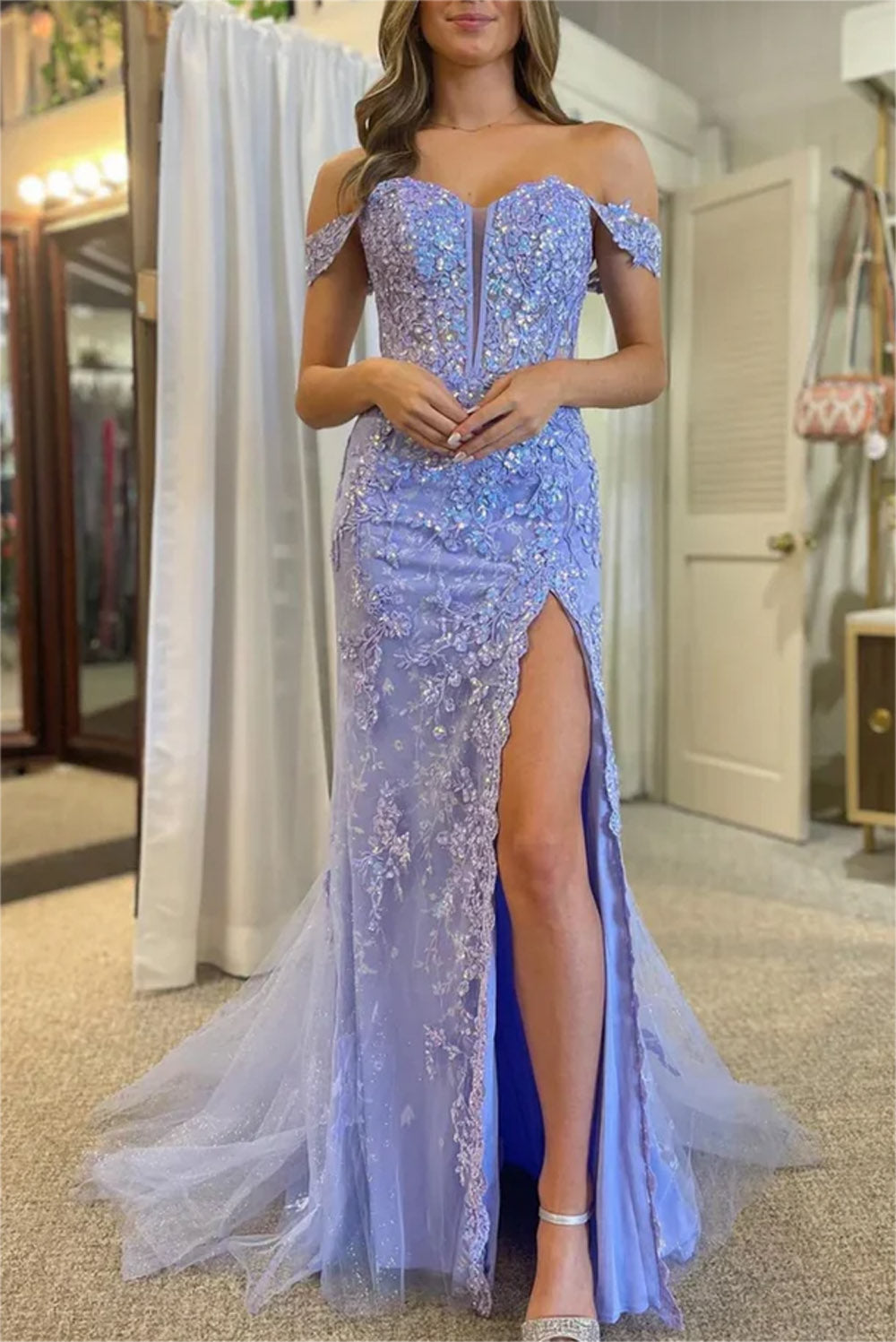 Women Sheath Lace Prom Dresses Long Slit Appliques Evening Gowns Sleeveless Formal Party Dress YPD624