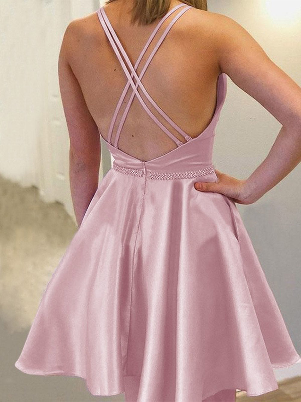 Women A-Line/Princess Satin Prom Dresses Short Cocktail Gowns Girls Sleeveless Homecoming Dresses Short Graduation Dress YHD302