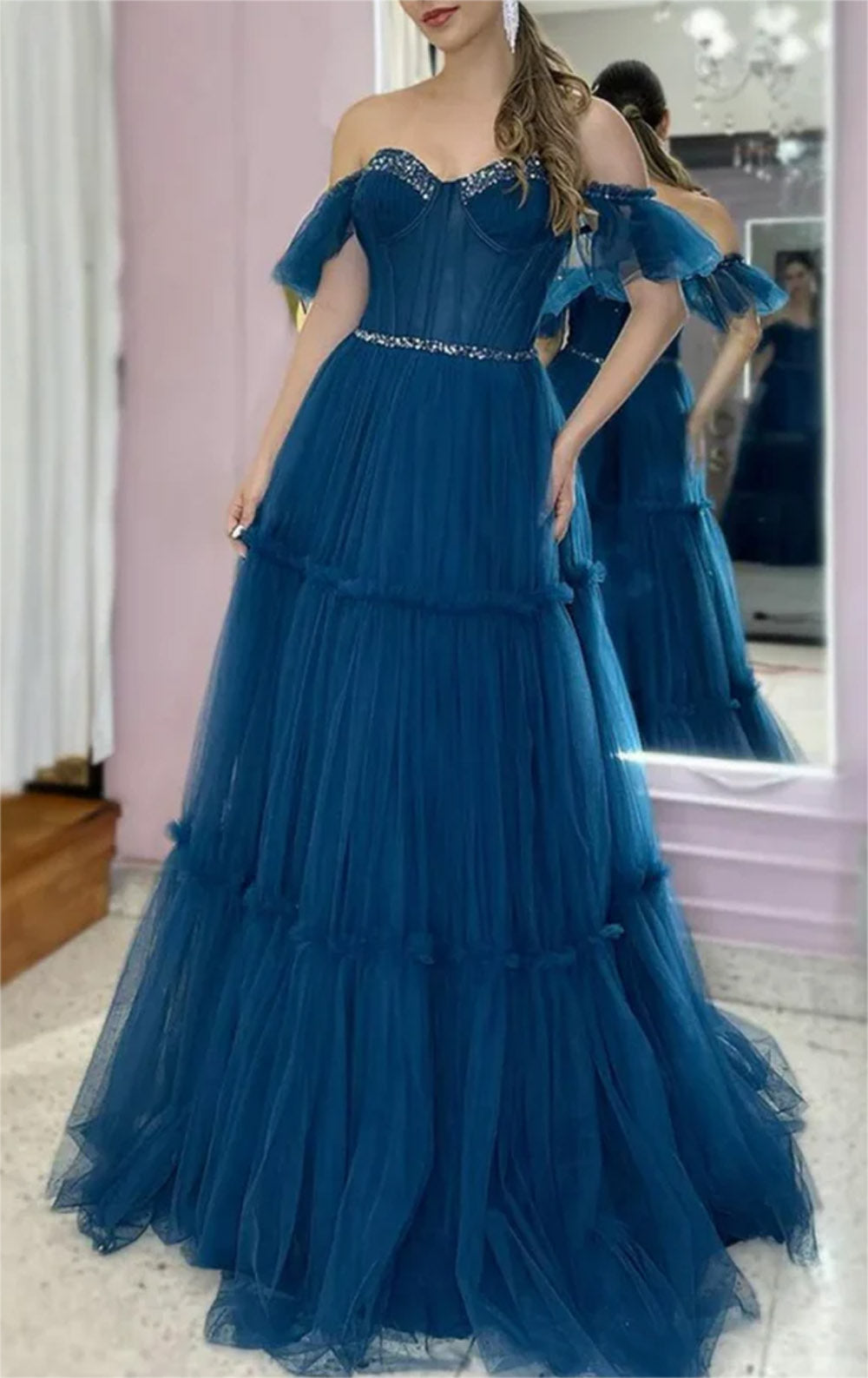 Women A-Line Tulle Prom Dresses Long Off Shoulder Beadings Evening Gowns Sleeveless Formal Party Dress YPD665