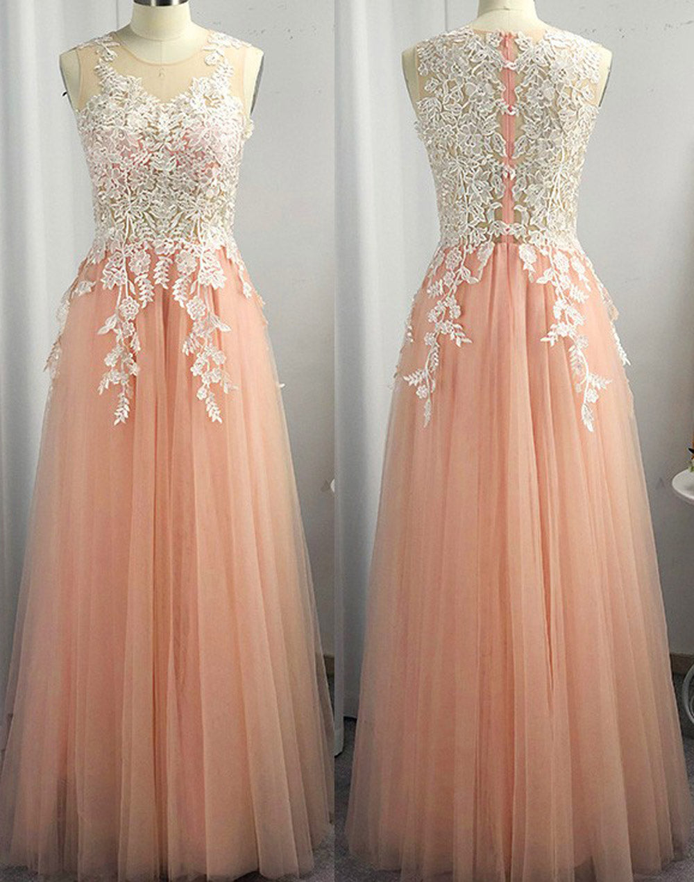 Women A-Line/Princess Lace Prom Dresses Long Tulle Evening Gowns Sleeveless Formal Party Dress YPD594