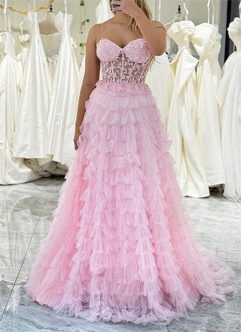 Women A-Line Lace Prom Dresses Long Sweetheart Ruffled Evening Gowns Sleeveless Formal Party Dress YPD619