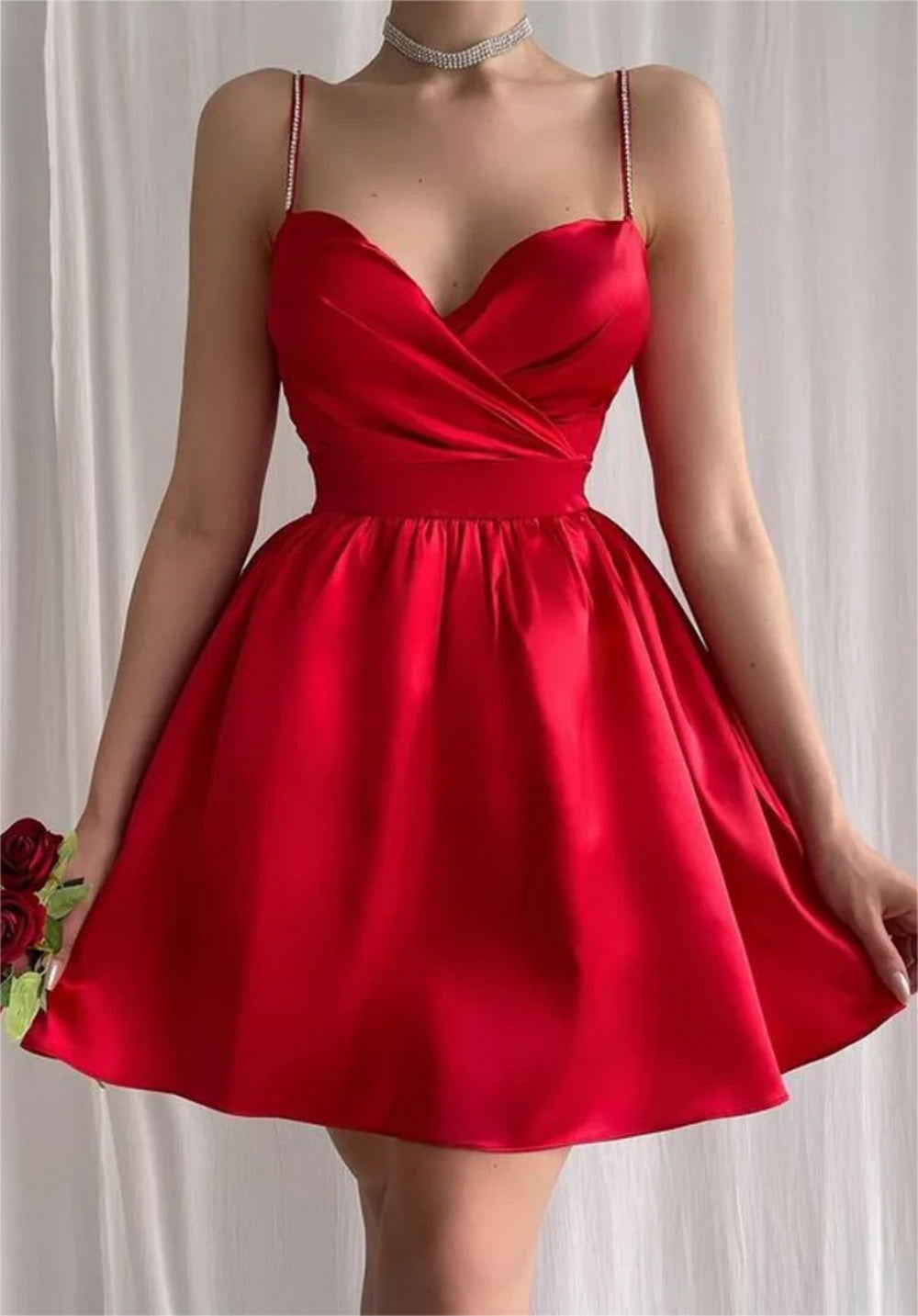 Women A-Line Satin Prom Dresses Short V-Neck Cocktail Gowns Girls Sleeveless Homecoming Dresses YHD313