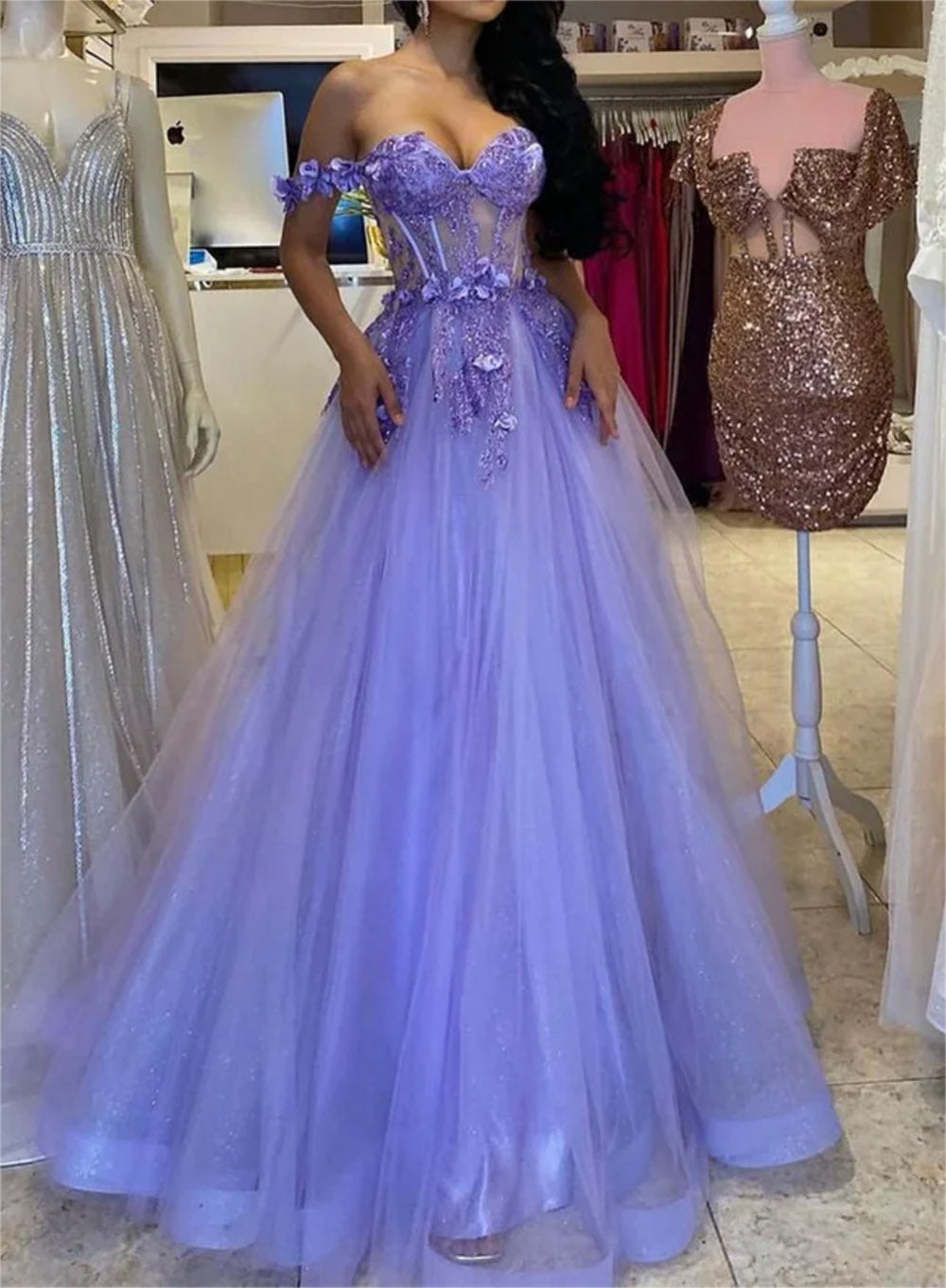 Women A-Line Floral Prom Dresses Long Off Shoulder Lace Evening Gowns Sleeveless Formal Party Dress YPD625