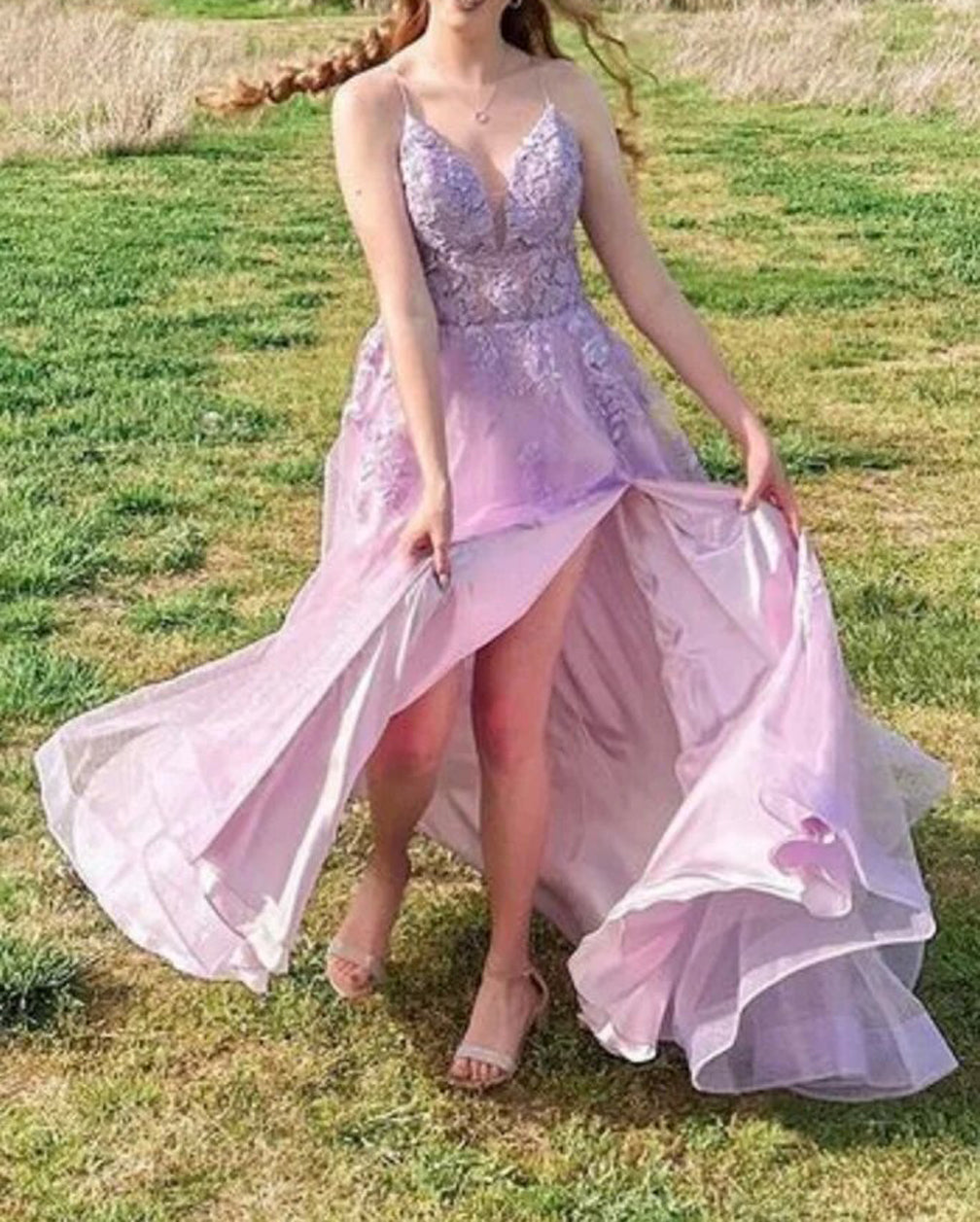 Women A-Line Lace Prom Dresses Long V-Neck Appliques Evening Gowns Sleeveless Formal Party Dress YPD672