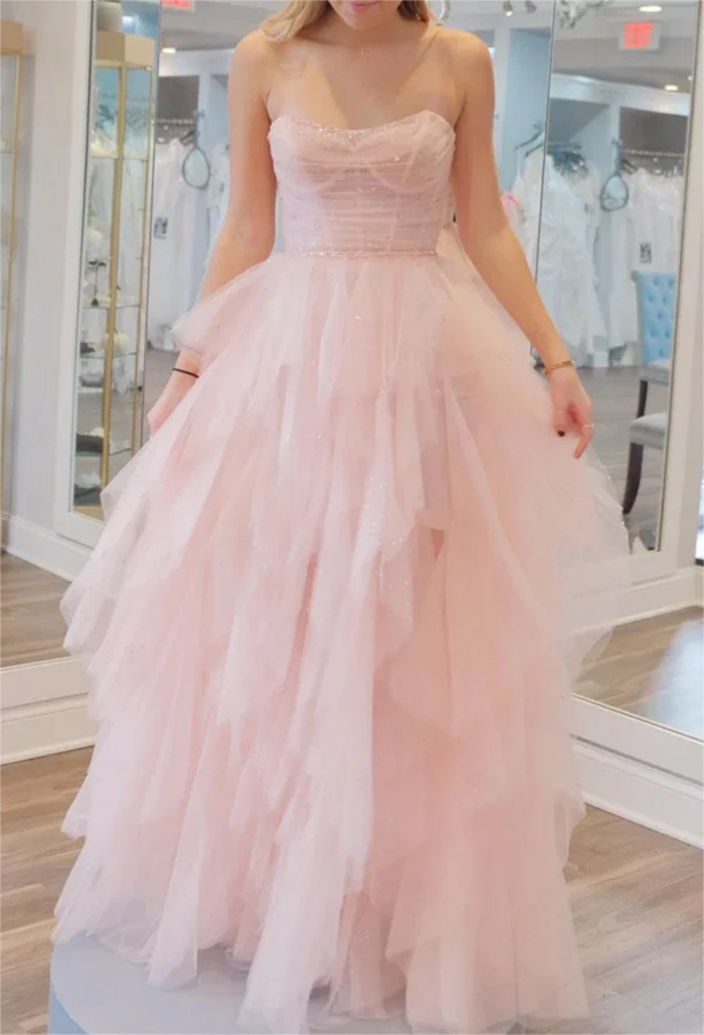 Women Strapless Tulle Prom Dresses Long Sequins Evening Gowns Sleeveless Formal Party Dress YPD638
