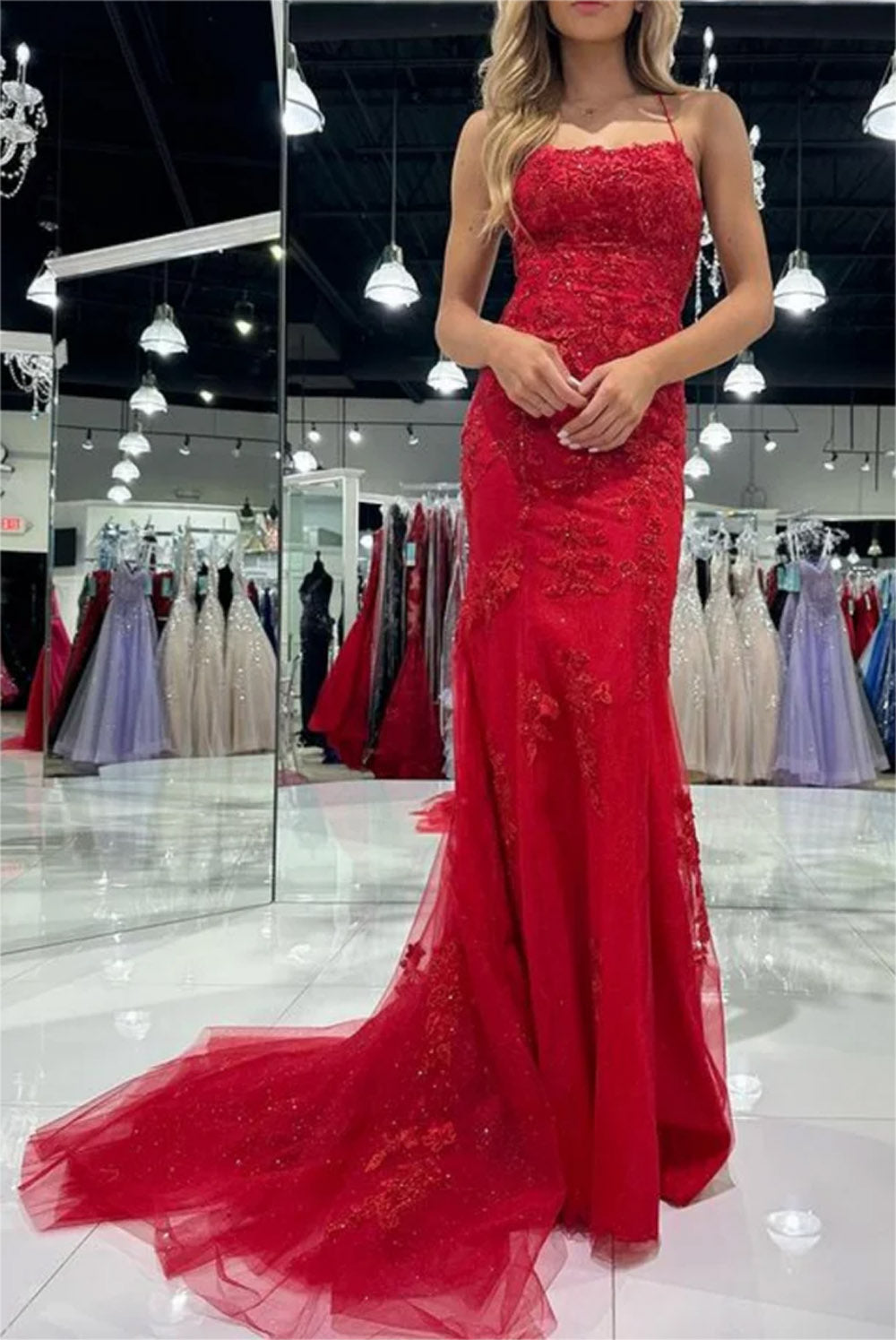 Women Sheath Lace Prom Dresses Long Backless Appliques Evening Gowns Sleeveless Formal Party Dress YPD652