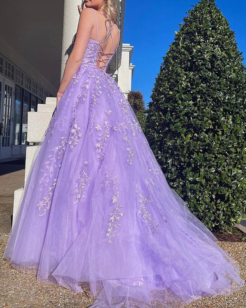 Women A-Line Lace Prom Dresses Long Appliques Evening Gowns Sleeveless Formal Party Dress YPD680