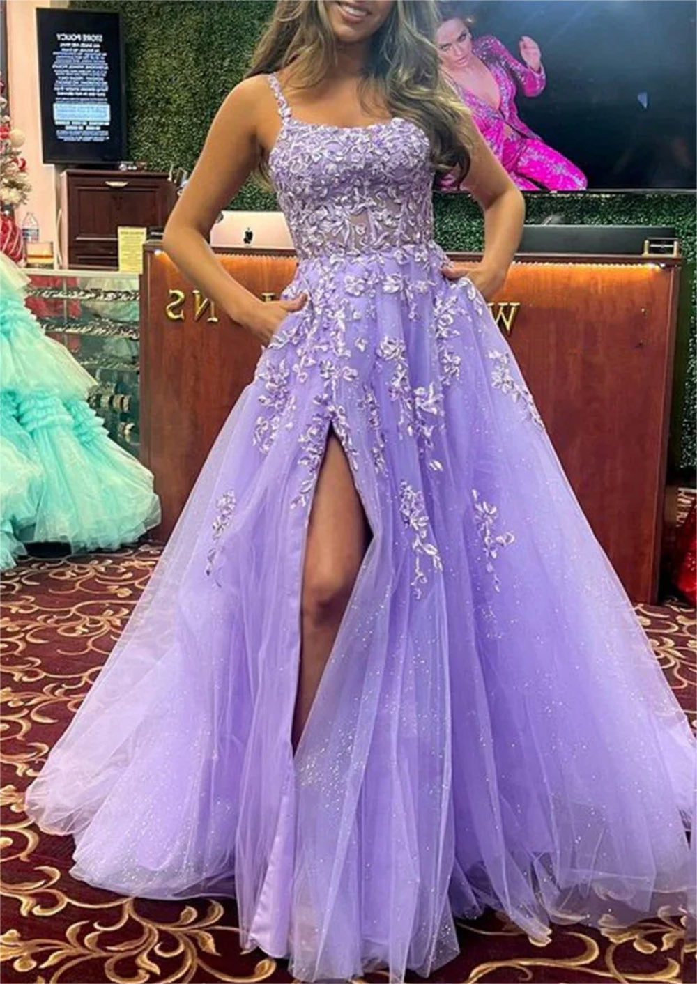 Women Slit Lace Prom Dresses Long Spaghetti Straps Appliques Evening Gowns Sleeveless Formal Party Dress YPD622