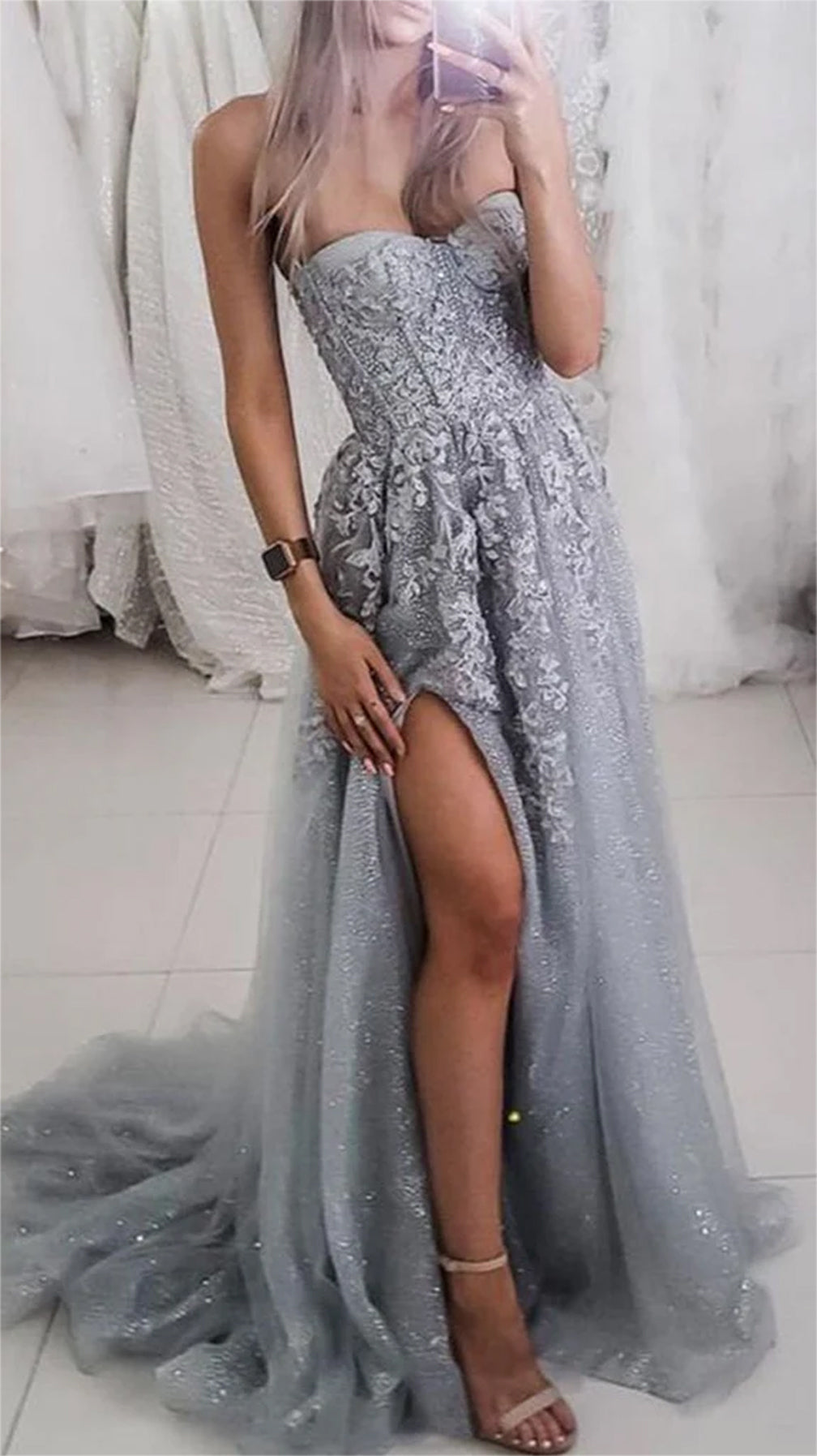 Women Strapless Lace Prom Dresses Long Appliques Evening Gowns Sleeveless Formal Party Dress YPD688