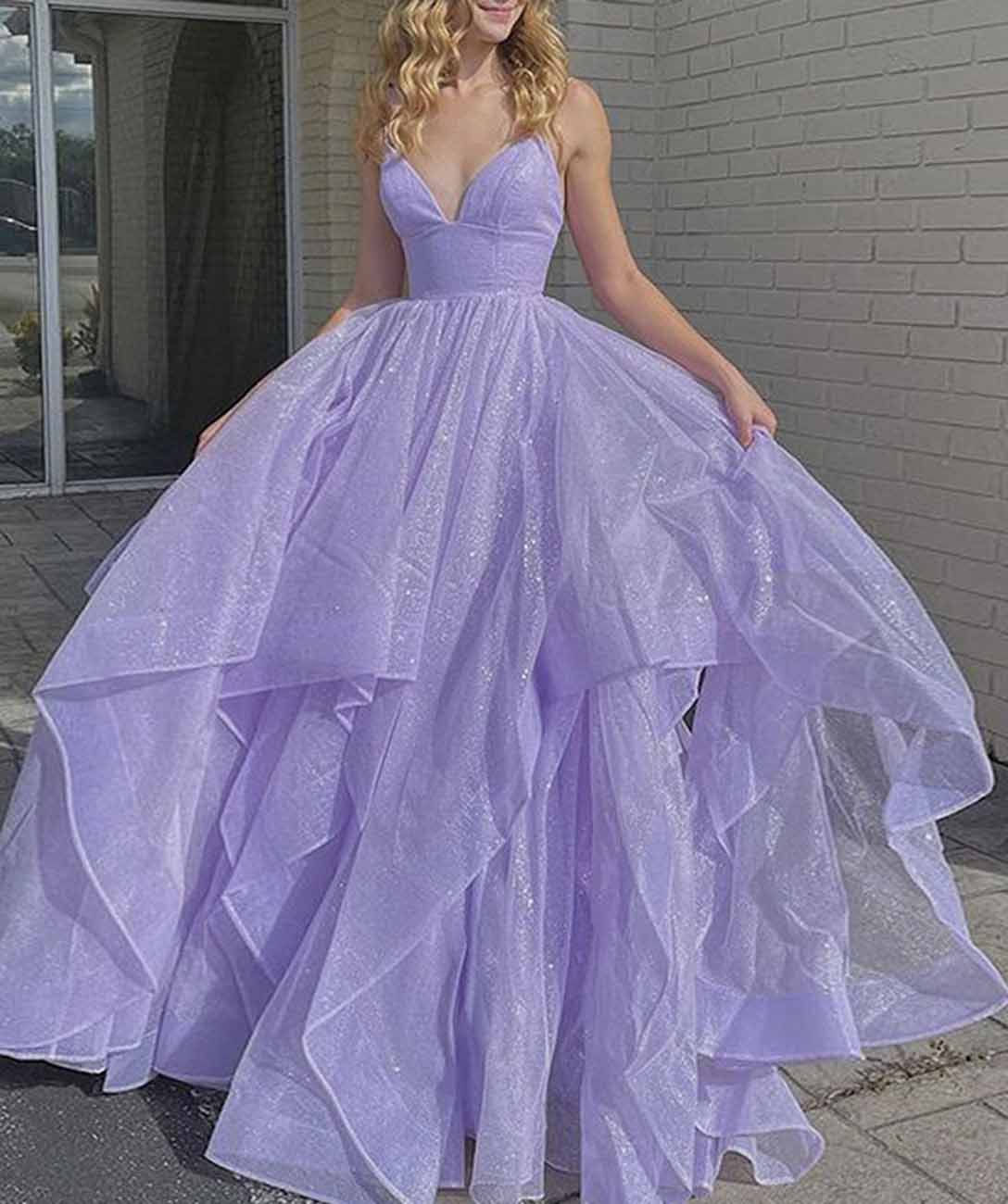 Women A-Line Ruffles Prom Dresses Long V-Neck Evening Gowns Formal Party Dress YPD587