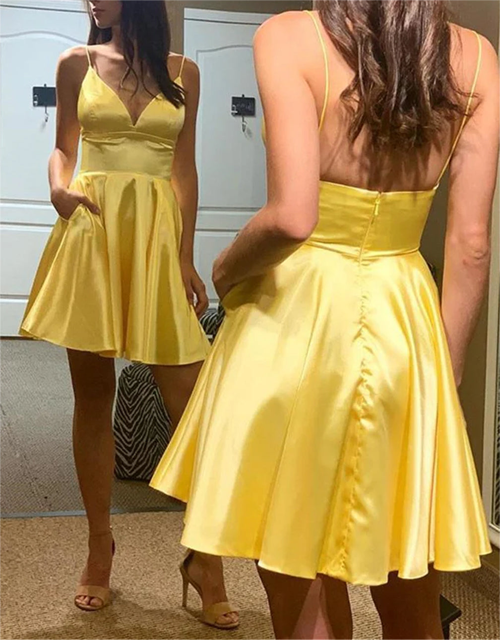 Women A-Line Homecoming Dresses Mini Girls V Neck Backless Cocktail Party Gowns YHD323