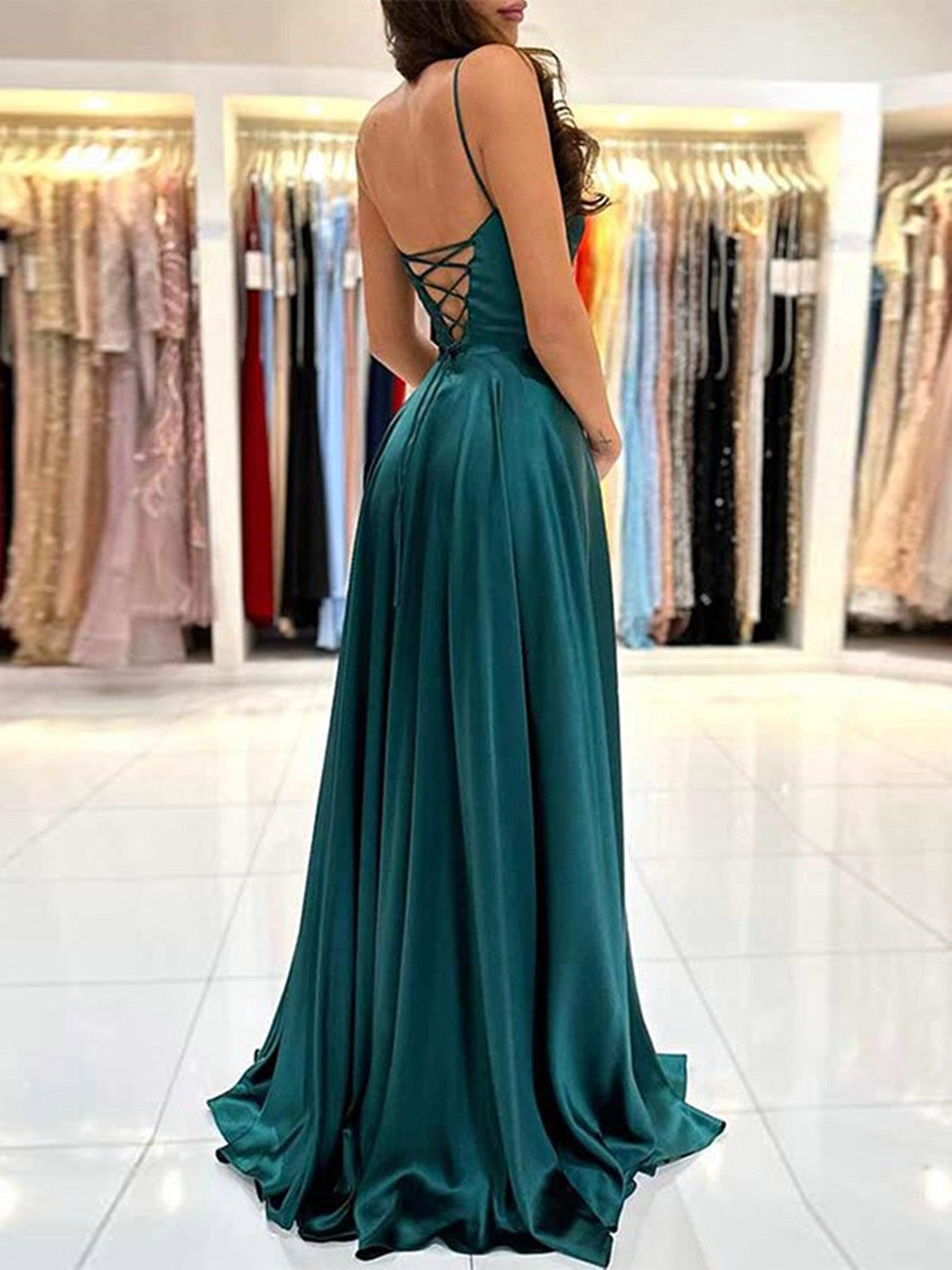 Women A-Line Satin Prom Dresses Long Spaghetti Straps Evening Gowns Formal Party Dress YPD563