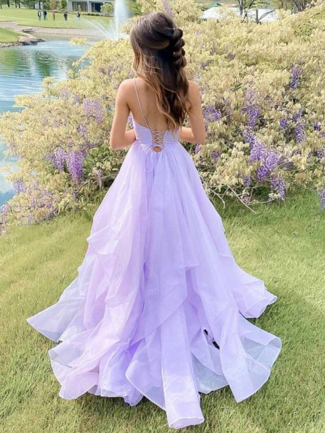 Women A-Line Ruffles Prom Dresses Long V-Neck Evening Gowns Formal Party Dress YPD587