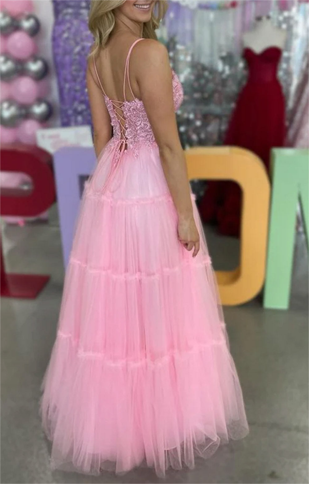 Women A-Line Lace Prom Dresses Long V-Neck Appliques Evening Gowns Sleeveless Formal Party Dress YPD616
