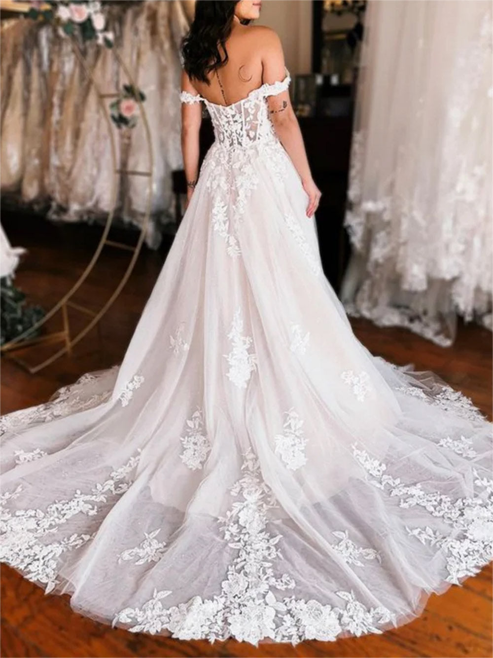 Women A-Line Slit Lace Prom Dresses Long Off Shoulder Appliques Evening Gowns Sleeveless Formal Party Dress YPD666