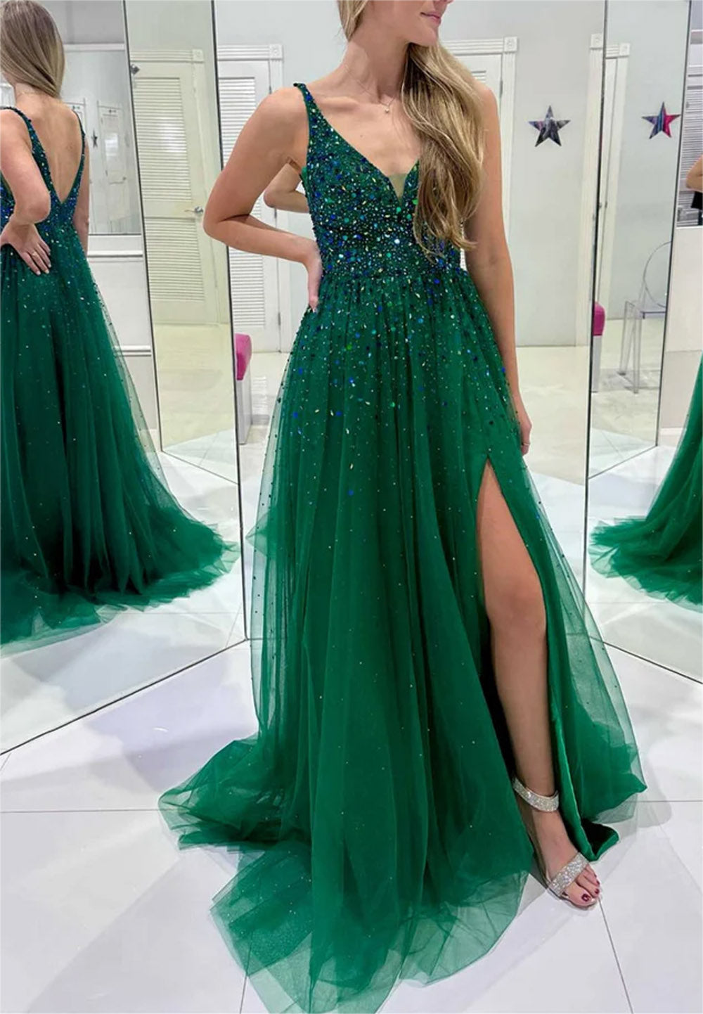 Women A-Line Beadings Prom Dresses Long V-Neck Slit Evening Gowns Sleeveless Formal Party Dress YPD639