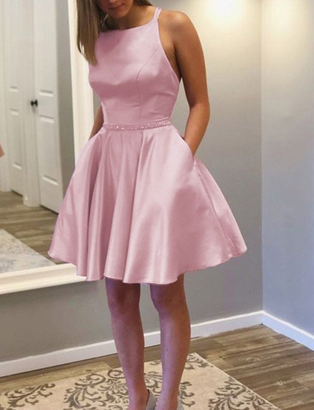 Women A-Line/Princess Satin Prom Dresses Short Cocktail Gowns Girls Sleeveless Homecoming Dresses Short Graduation Dress YHD302