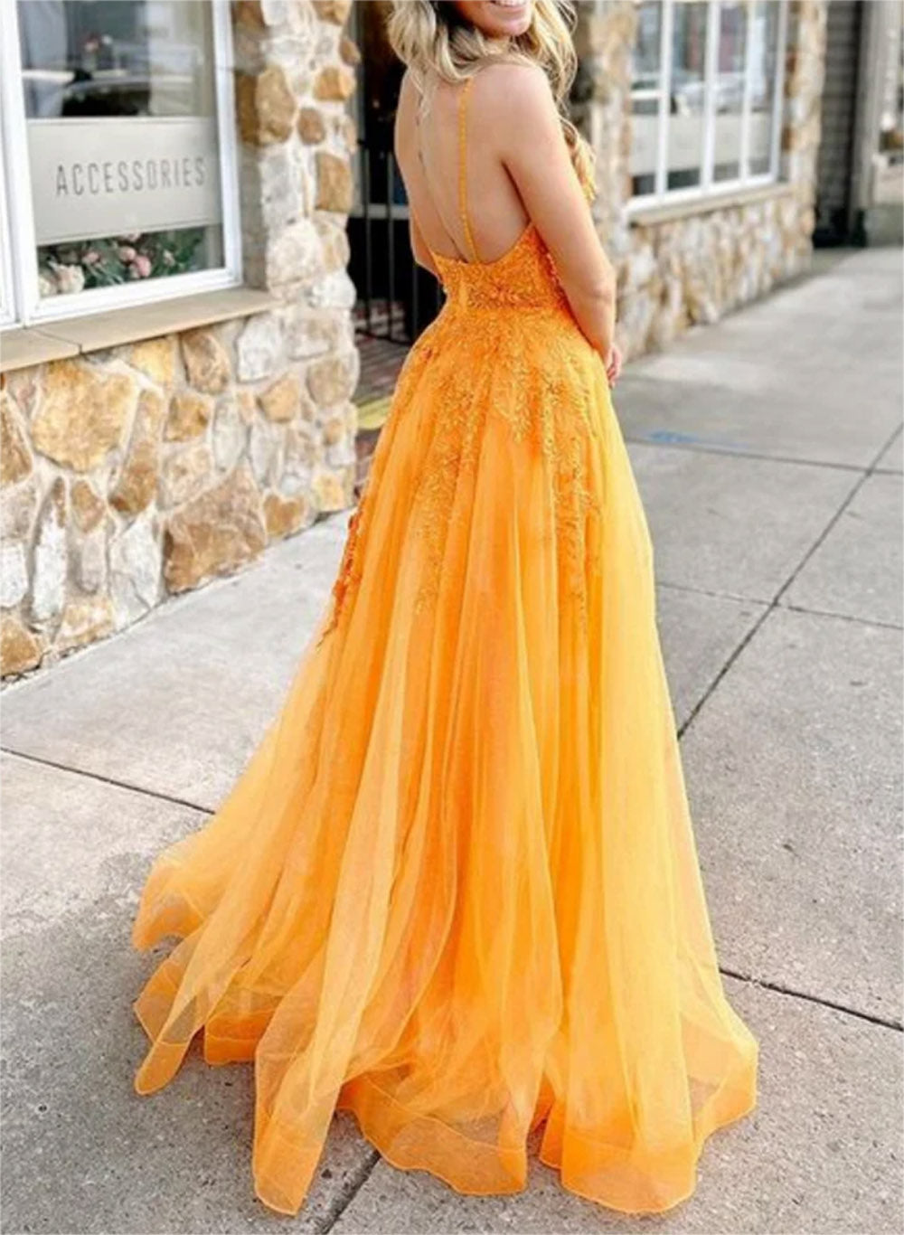 Women A-Line Lace Prom Dresses Long V-Neck Appliques Evening Gowns Sleeveless Formal Party Dress YPD609