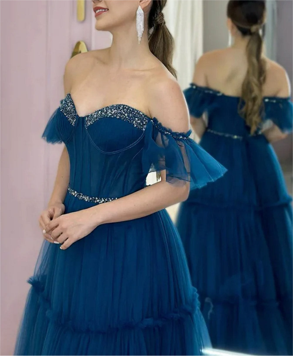 Women A-Line Tulle Prom Dresses Long Off Shoulder Beadings Evening Gowns Sleeveless Formal Party Dress YPD665