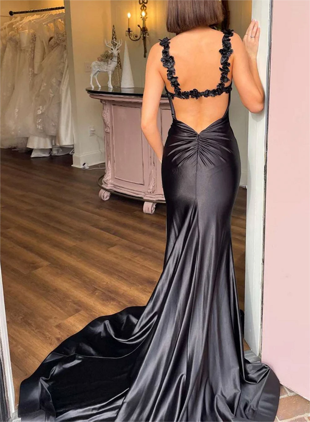 Women Sheath Satin Prom Dresses Long Floral Straps Evening Gowns Sleeveless Formal Party Dress YPD641