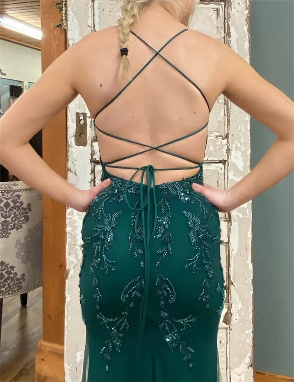 Women Sheath Lace Prom Dresses Long Backless Appliques Evening Gowns Sleeveless Formal Party Dress YPD658