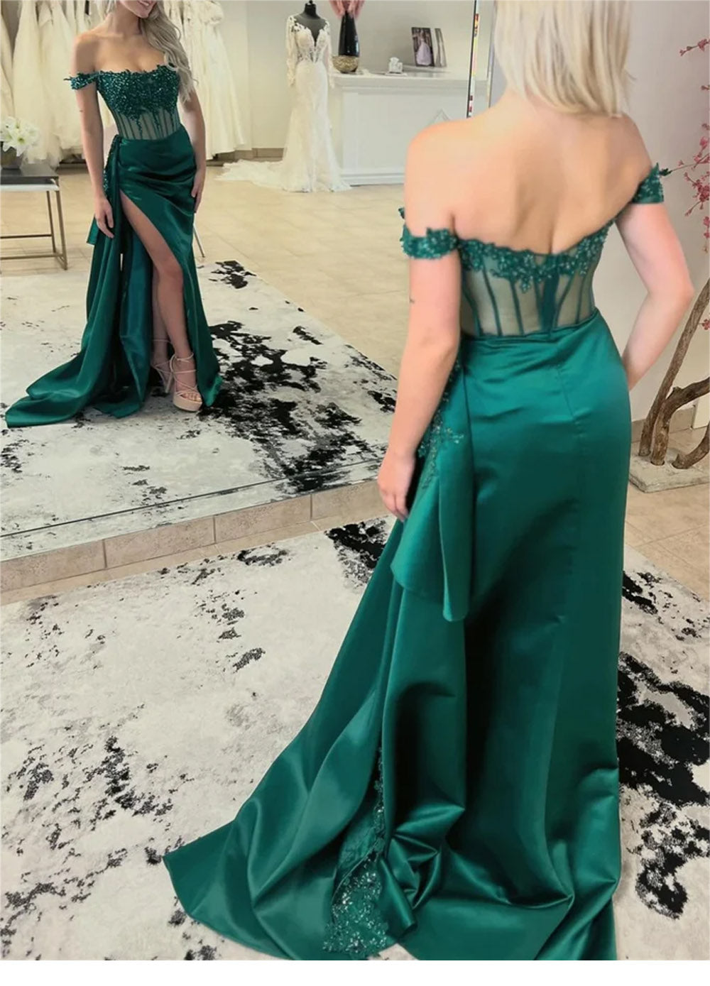 Women Sheath Satin Lace Prom Dresses Long Off Shoulder Slit Evening Gowns Sleeveless Formal Party Dress YPD637