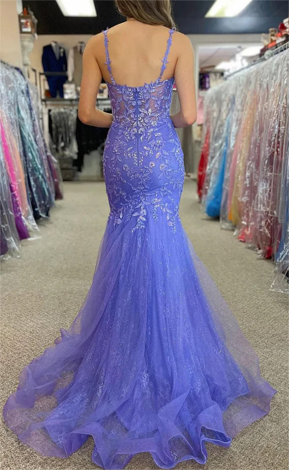 Women Mermaid Lace Prom Dresses Long Spaghetti Straps Appliques Evening Gowns Sleeveless Formal Party Dress YPD628