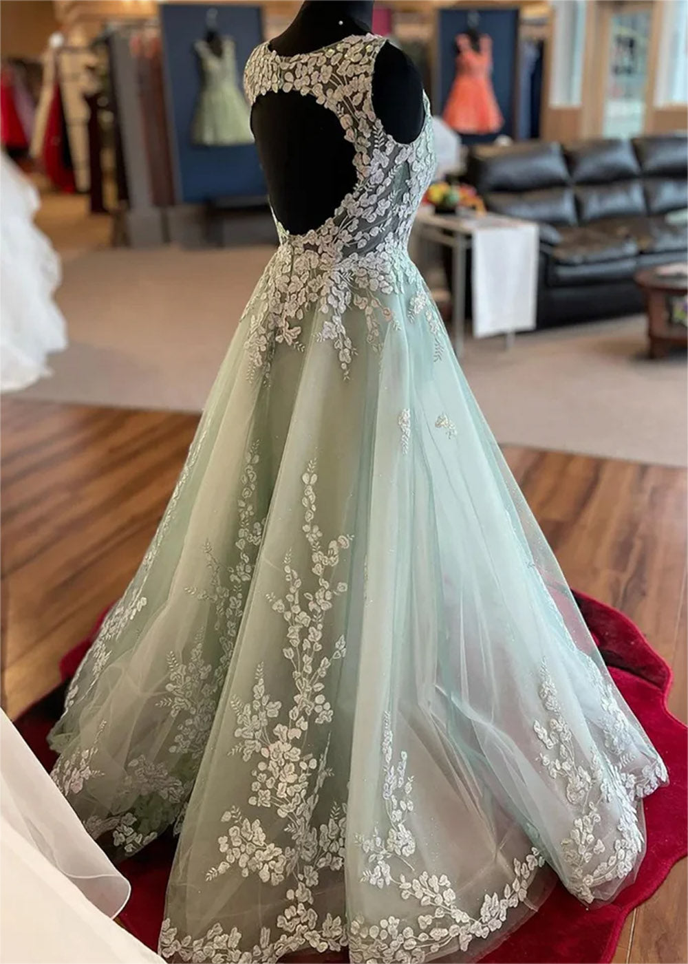 Women A-Line Lace Prom Dresses Long V-Neck Appliques Evening Gowns Sleeveless Formal Party Dress YPD634