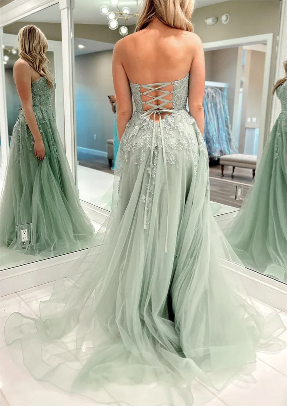 Women A-Line Slit Lace Prom Dresses Long Strapless Appliques Evening Gowns Sleeveless Formal Party Dress YPD663