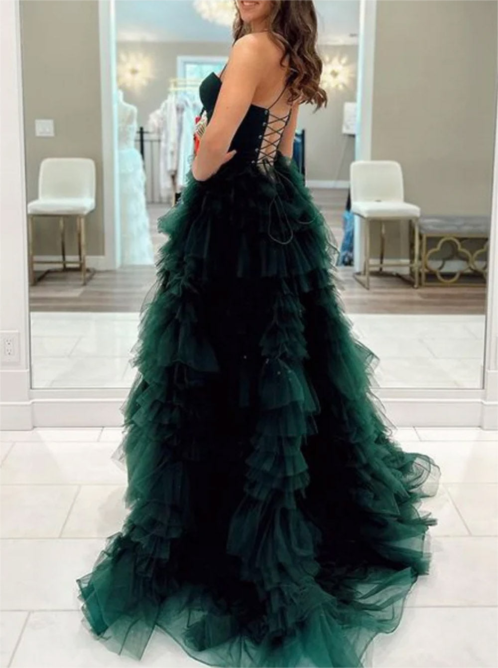 Women A-Line Tulle Prom Dresses Long Sweetheart Ruffles Evening Gowns Sleeveless Formal Party Dress YPD606
