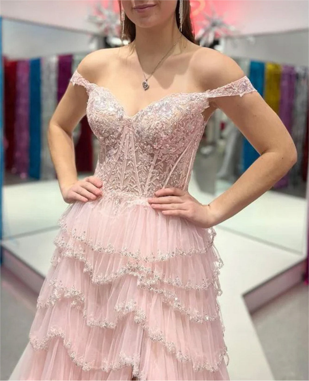 Women A-Line Lace Prom Dresses Long Slit Appliques Evening Gowns Sleeveless Formal Party Dress YPD608