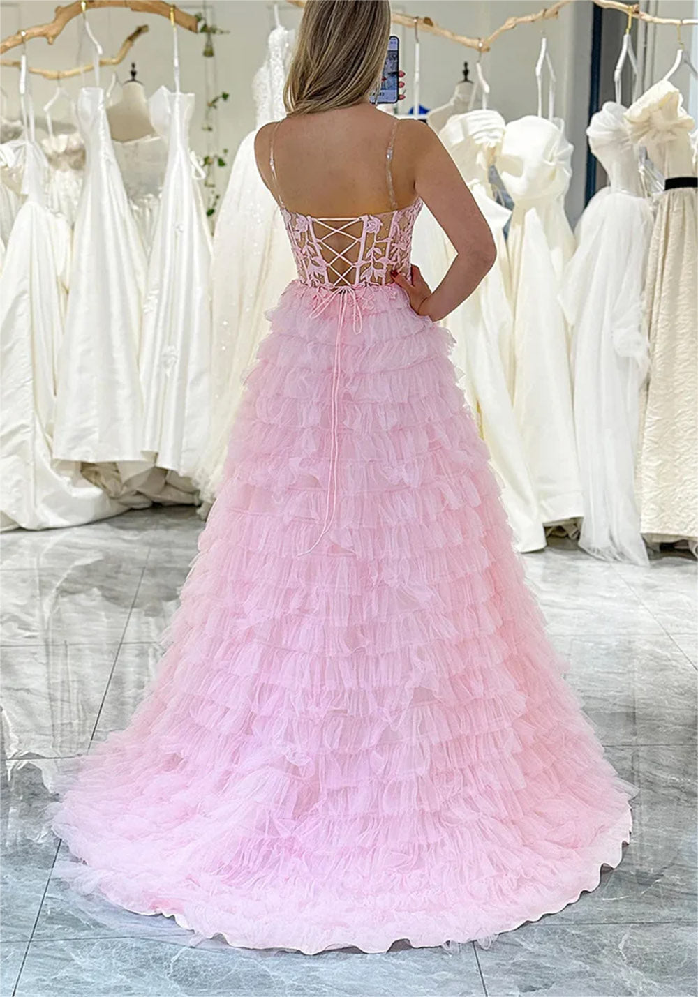 Women A-Line Lace Prom Dresses Long Sweetheart Ruffled Evening Gowns Sleeveless Formal Party Dress YPD619